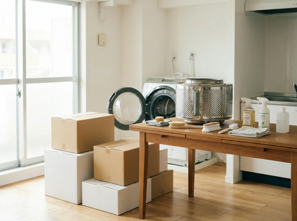取り外した洗濯槽と洗浄用の道具を作業台に並べた様子