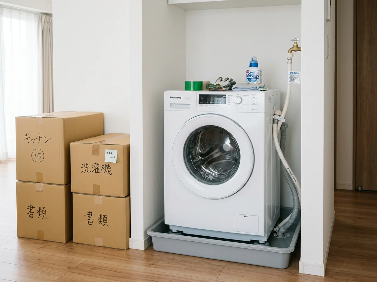 防水パンのある洗濯機置き場で給水ホースを取り付ける作業の手元
