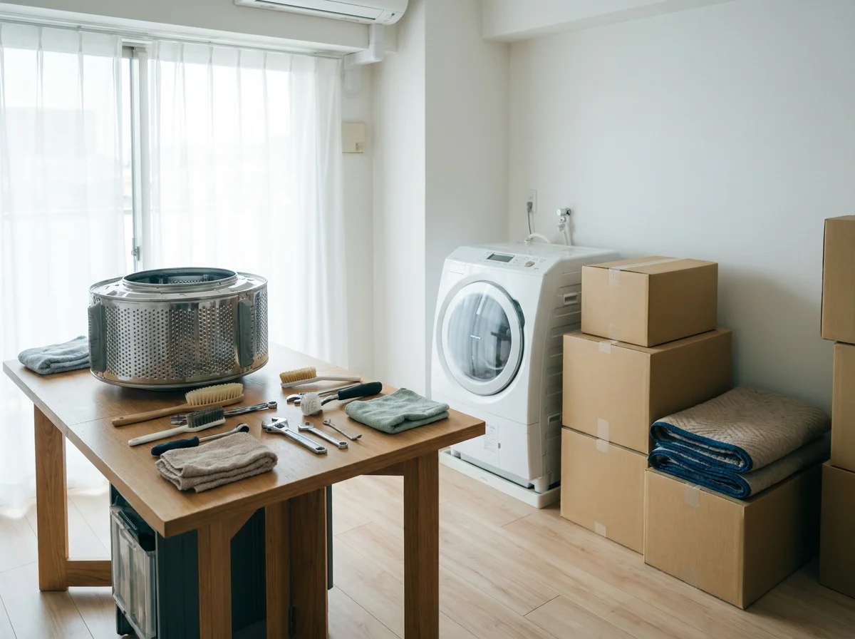 取り外した洗濯槽と洗浄用の道具を並べた作業台