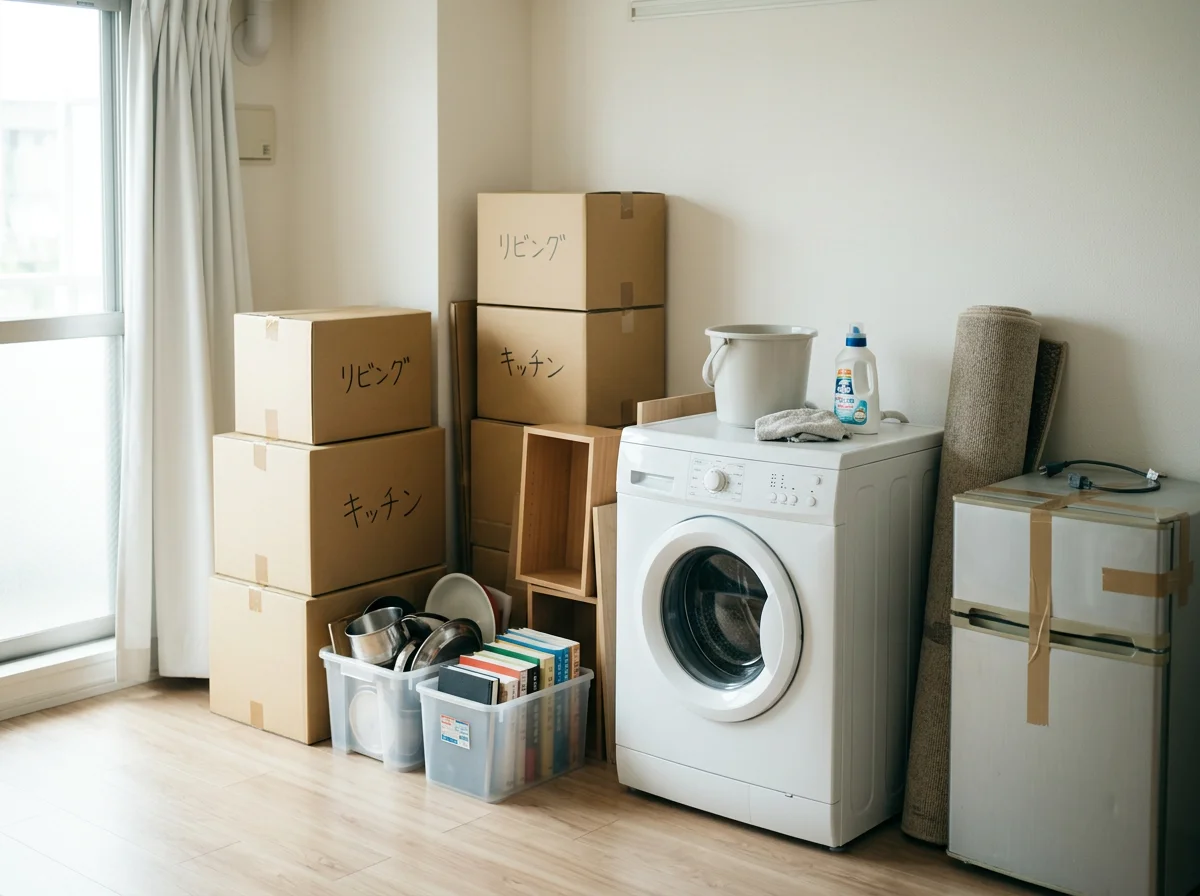室内にまとめた不用な家具と家電を運び出す準備の様子